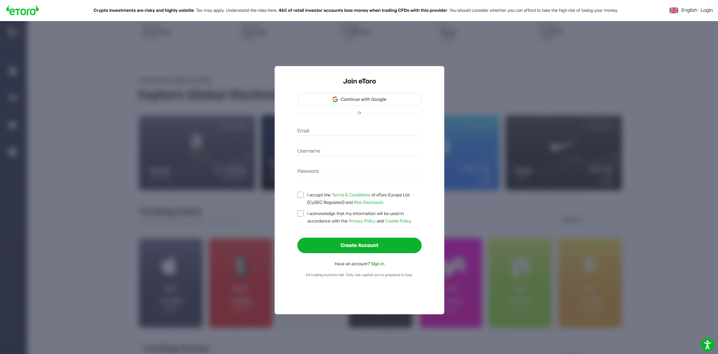 Signing up for an account on eToro in the UK